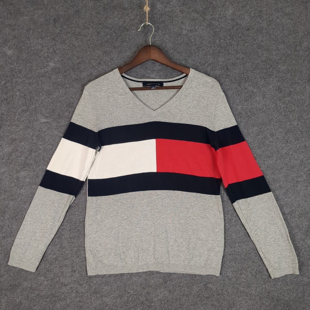 Tommy Hilfiger Mens V-Neck Colorblock Striped Knit‎ Sweater Gray Navy Red Size M - Picture 2 of 11